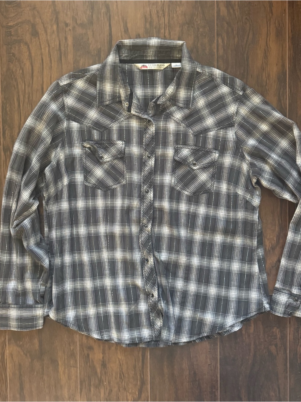 Cumberland Outfitters 1X Grey and White Plaid Pearl Snap Western Shirt
